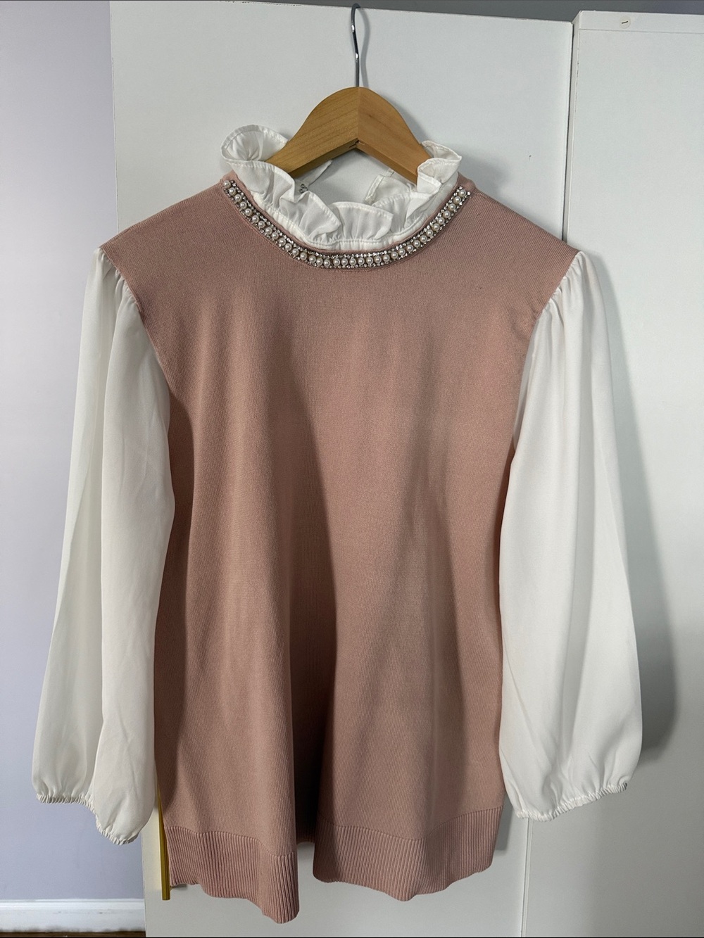 Cable & Gauge Pink Sweater Vest with White Ruffled Blouse Sleeves